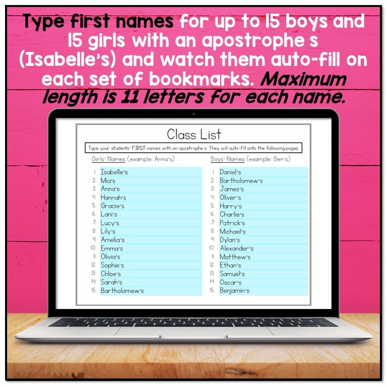 Watch 30 names auto-fill into a printable bookmark template pdf. 