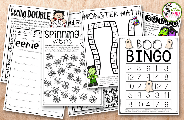 Grab these Halloween math games for math centers all October! Practice essential math skills like counting, addition, subtraction, writing equations, fact families, part-part-whole, doubles, number grid puzzles, even and odd, and more! Grab a FREEBIE here at 1stgradepandamania.com