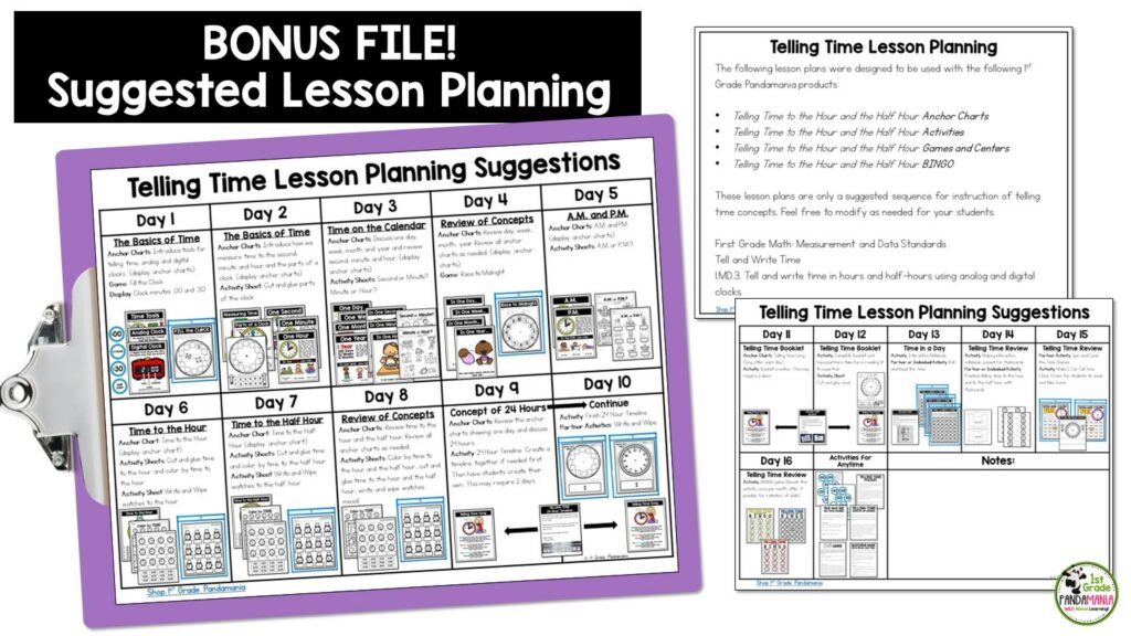 Easily organize and teach telling time to the hour and the half hour skills for kindergarten, 1st and 2nd grade students with these great Telling Time Lesson Plans.