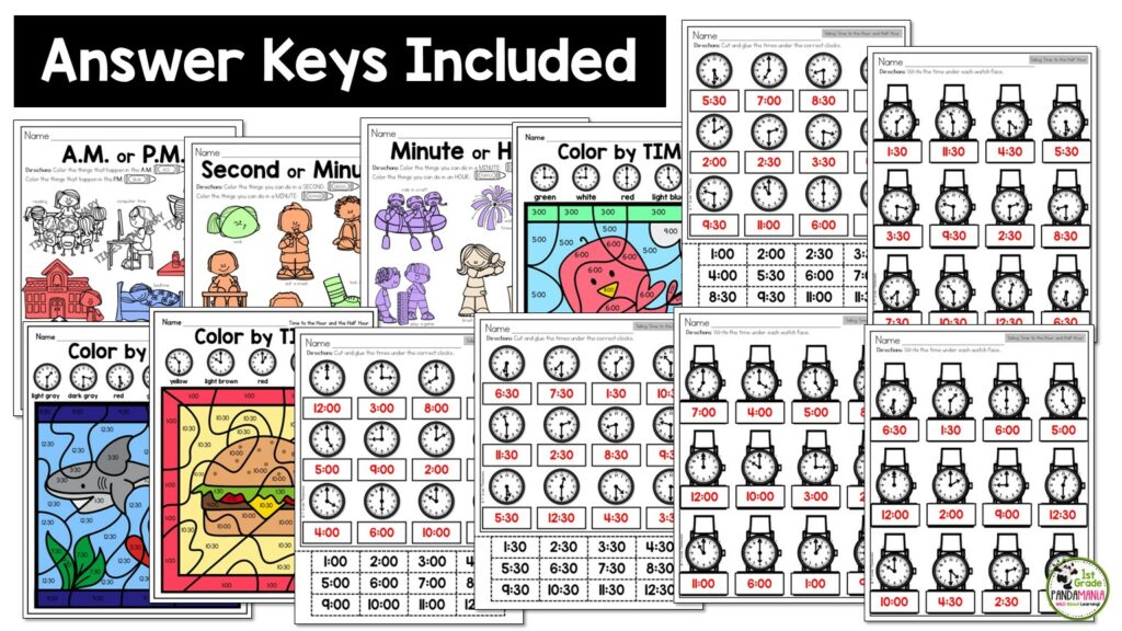 Reinforce telling time to the hour and the half hour skills for kindergarten, 1st and 2nd grade students with these great hands-on activities and worksheets!