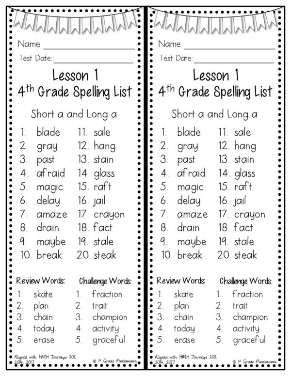 4th Grade Spelling Lists (Weekly) aligned w HMH Journeys 2