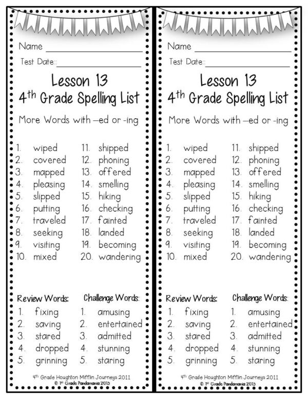 4th Grade Spelling Lists (Weekly) aligned w HMH Journeys 3