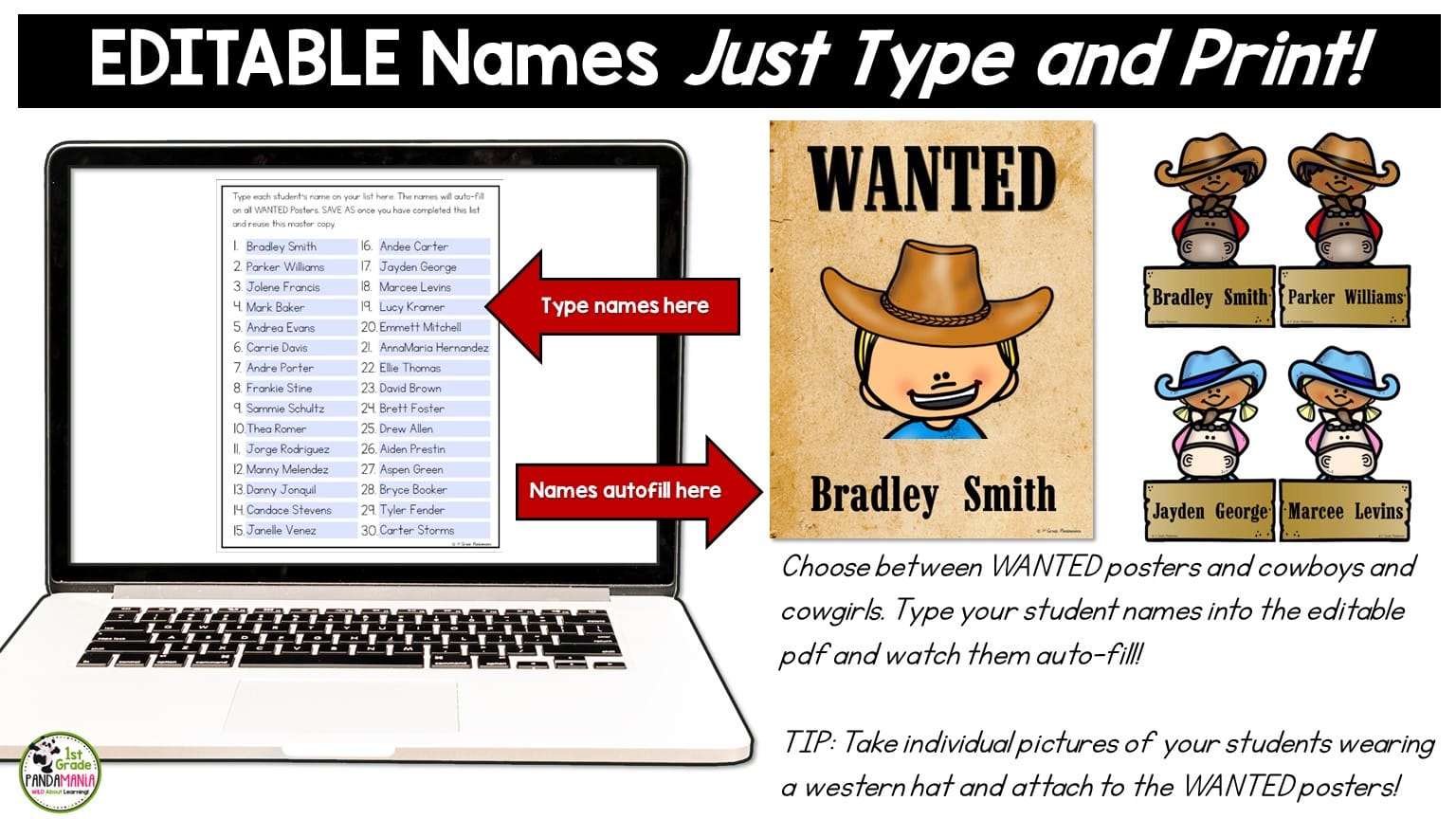 Western Cowboy Cowgirl Theme Bulletin Board EDITABLE Fillable pdf Names 5