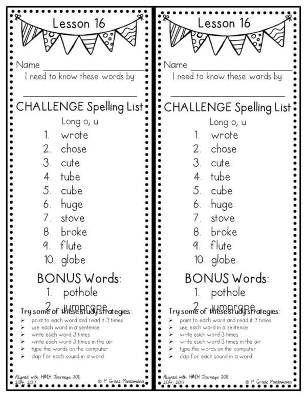 Included are Houghton Mifflin Reading Lessons 1-30 weekly 1st grade challenge spelling words lists to send home with students at the beginning of each week.