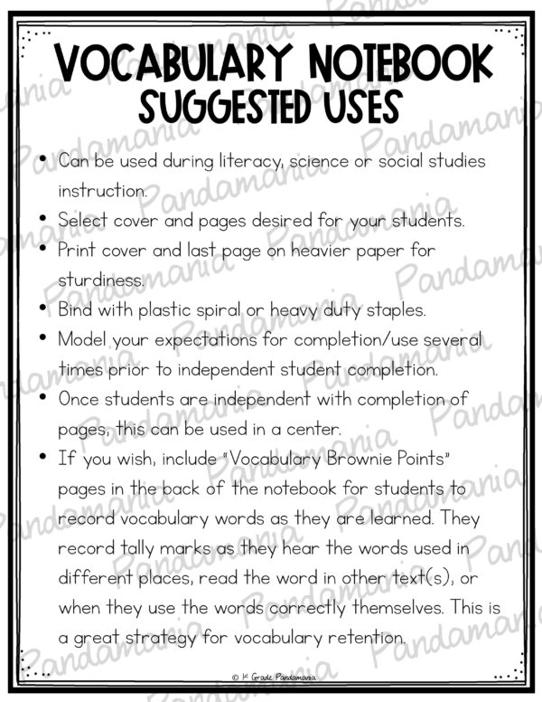 Students can record science, social studies, reading, and math vocabulary words, write sentences and illustrate them in this vocabulary notebook for the year.