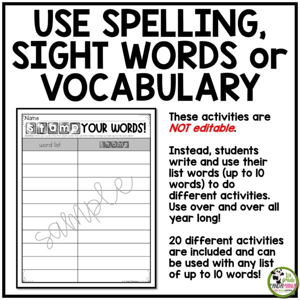 Use these Spelling Activities for Any List of 10 spelling, sight words, or vocabulary Words. Students just enter 10 words!
