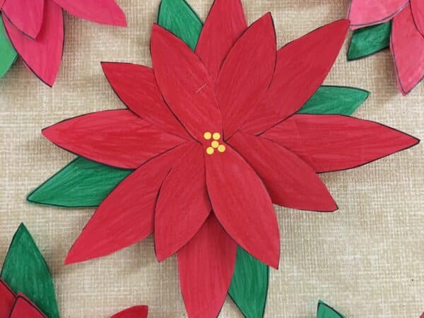 This Poinsettia has been a classroom favorite of my team for many years. These are beautiful, festive decorations that your students will love making and can be proud of!