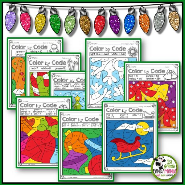 Practice numbers, shapes, basic money, addition and subtraction math skills with these fun and engaging color by code Christmas Color by Number activities.