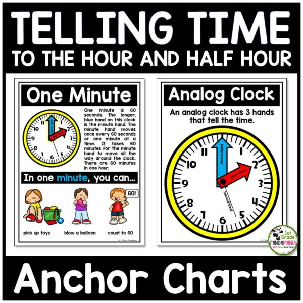 Reinforce telling time to the hour and the half hour skills for kindergarten, 1st and 2nd grade students with these great anchor charts.