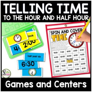 Reinforce telling time to the hour and the half hour skills for kindergarten, 1st and 2nd grade students with these games and center activities.
