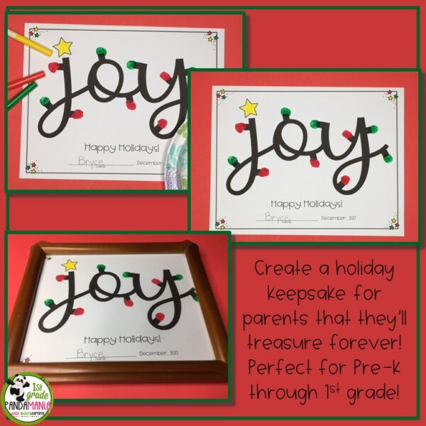 This easy-to-make Christmas gift for parents is perfect for pre-K through 1st grade and is a beautiful gift young students can give their parents for the holidays. Their fingerprints dipped in paint are the holiday lights around the word JOY.