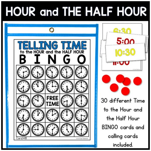 Reinforce telling time to the hour and the half hour skills for kindergarten, 1st and 2nd grade students with these great BINGO games.