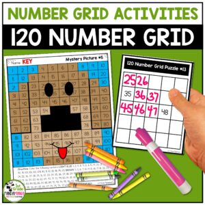 120 charts and number grid puzzles, activities, and games build student skills in number sense, number sequencing, counting, missing numbers, next number, counting back, counting forward, and recognizing numerals from 1 to 120