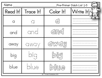 Sight Words Read, Trace, Color, Write Literacy Centers 2 Trace