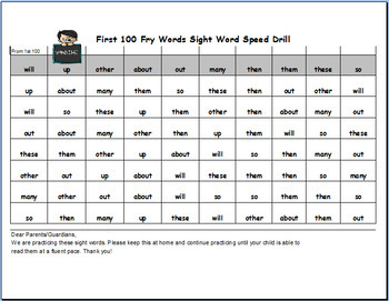 Fry Sight Words Fluency Speed Drills for First 100 Fry Words 2 Fry Sight Words Fluency Speed Drills for First 100 Fry Words 1