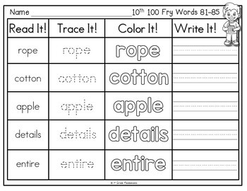 Fry Sight Words Literacy Center Read, Trace, Color, Write ALL 1,000 Sight Words 4 Write ALL 1