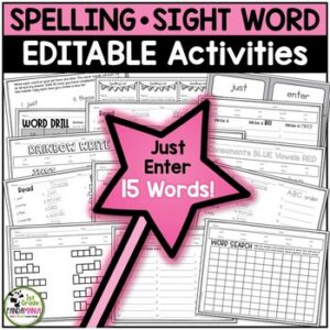 Spelling Activities Sight Word Activities For 15 Words Editable Auto-Fill PDF